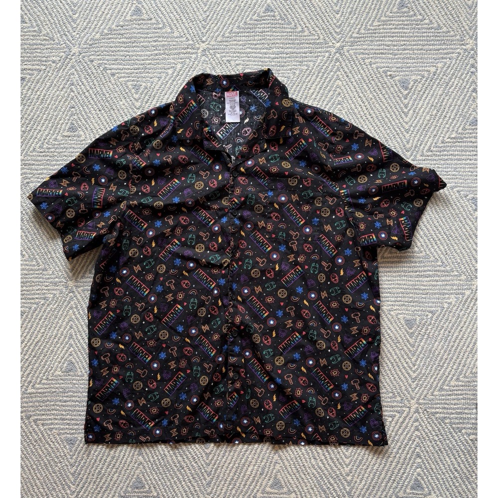 Marvel Pride Rainbow Colorful Button Short Sleeve Shirt - Black - XXL